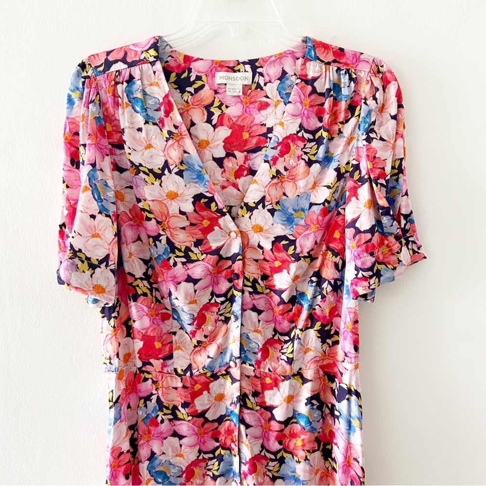 Monsoon UK Floral Colorful Button Down Short Sleeve Midi Dress Size US 8 - Picture 4 of 8